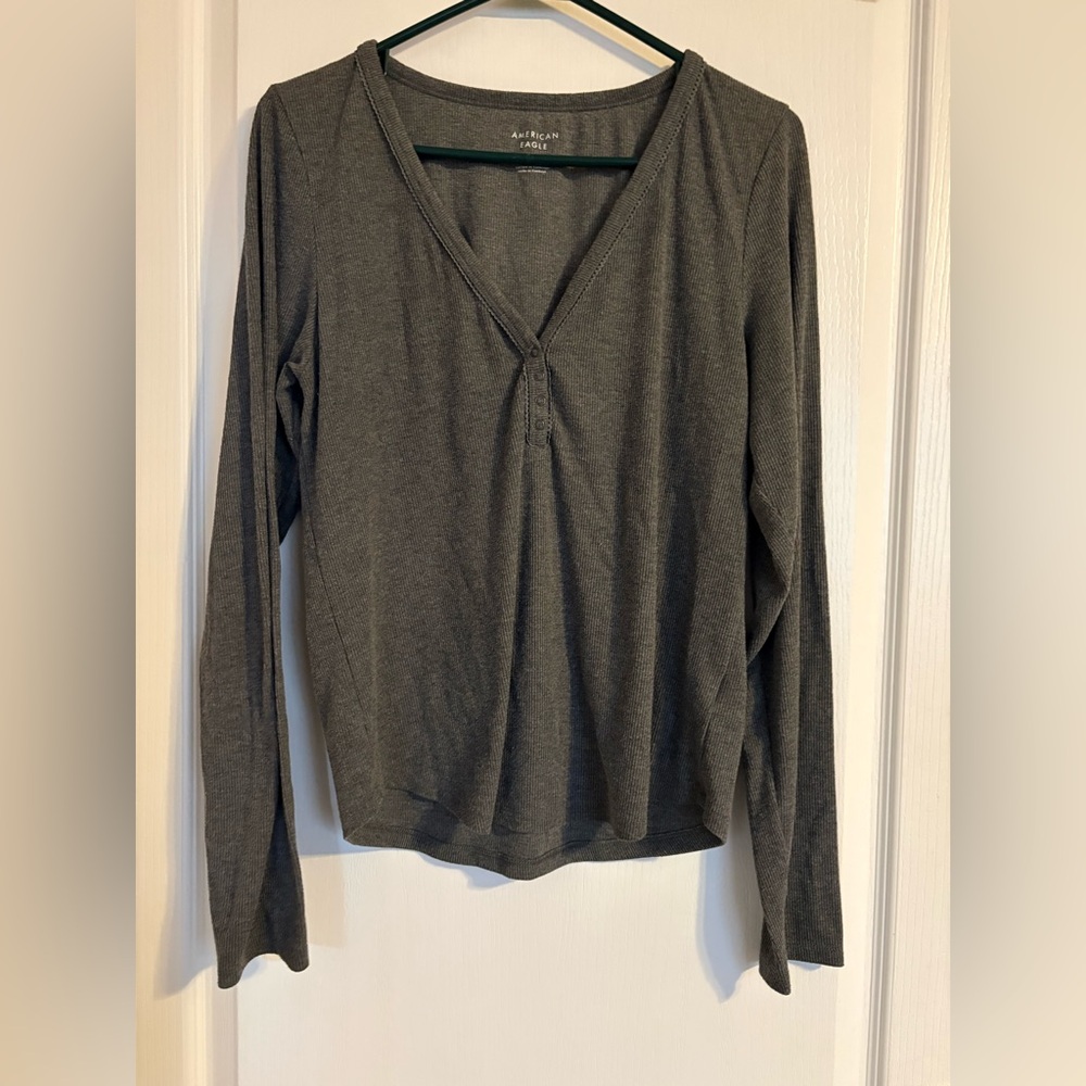 American Eagle Charcoal Long Sleeve Waffle Knit Top XL Basic Casual Preppy Y2K‎